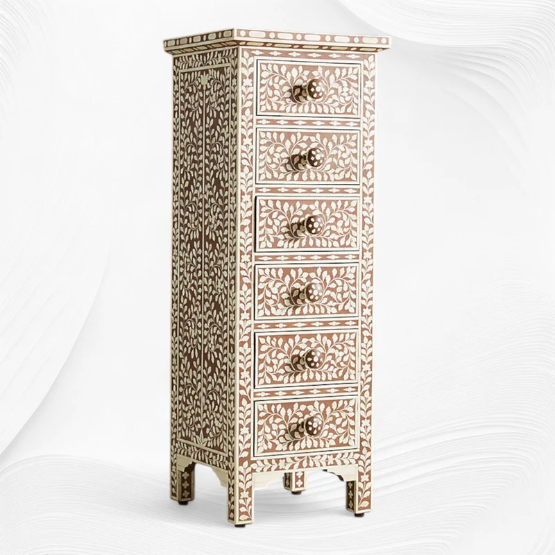 Brown Bone Inlay 6 Drawer Floral Lingerie Chest