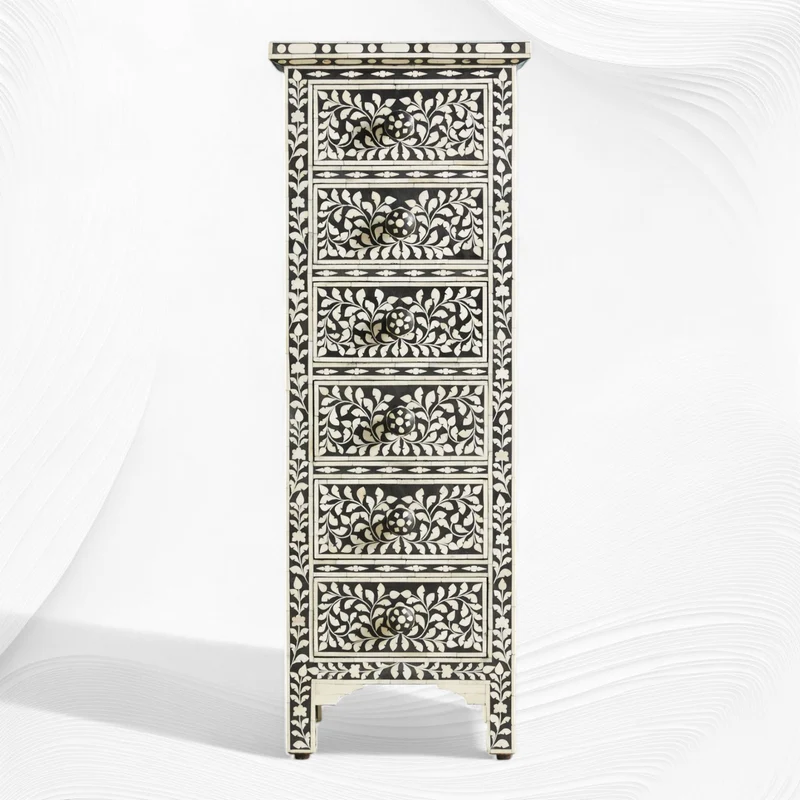 Black Bone Inlay 6 Drawer Floral Lingerie Chest