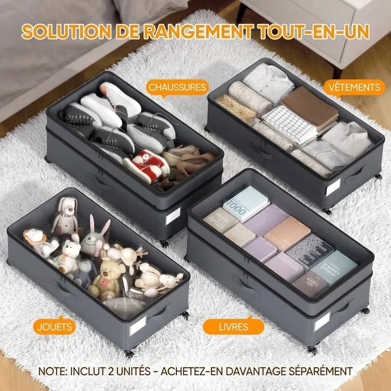 Sac de rangement sous lit | 72L avec roues lot de 2