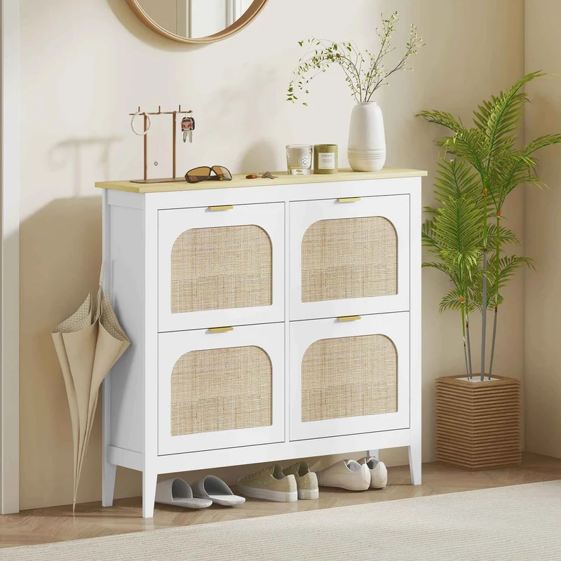 Meuble chaussure entrée | Rotin Blanc 4 Tiroirs