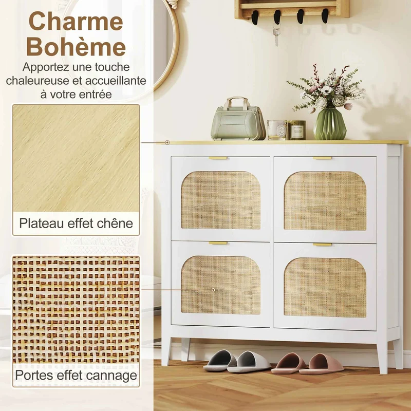Meuble chaussure entrée | Rotin Blanc 4 Tiroirs