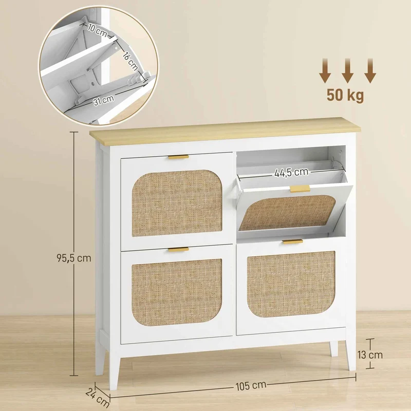 Meuble chaussure entrée | Rotin Blanc 4 Tiroirs