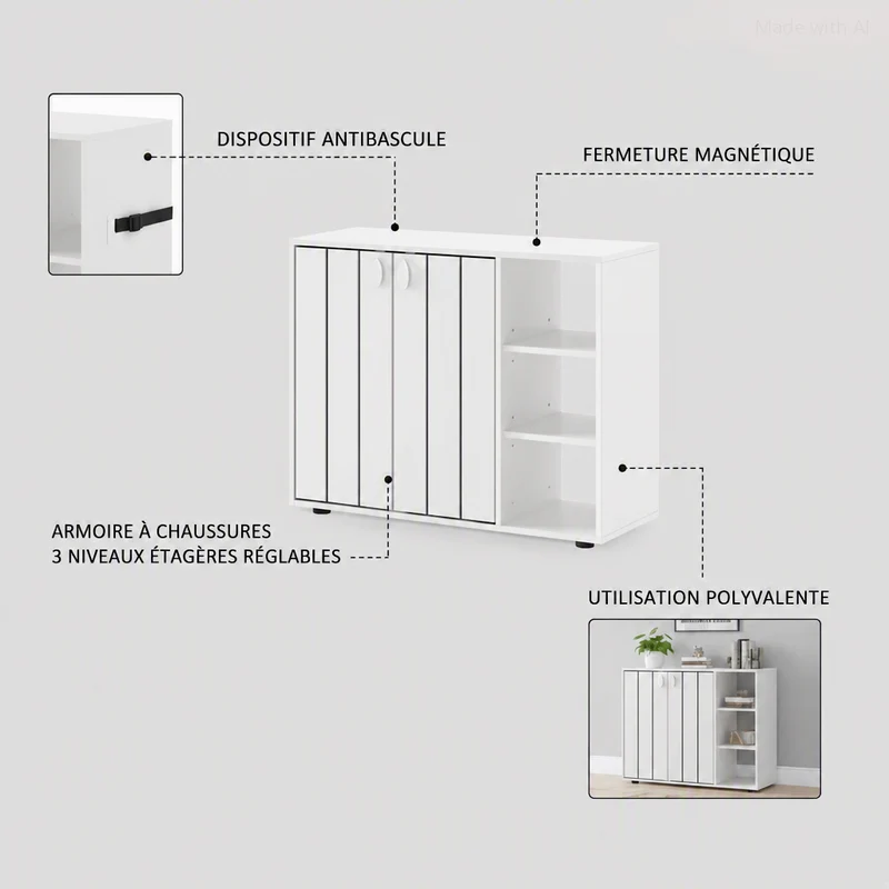 Meuble d'entrée chaussure | Modulable 3 niveaux blanc