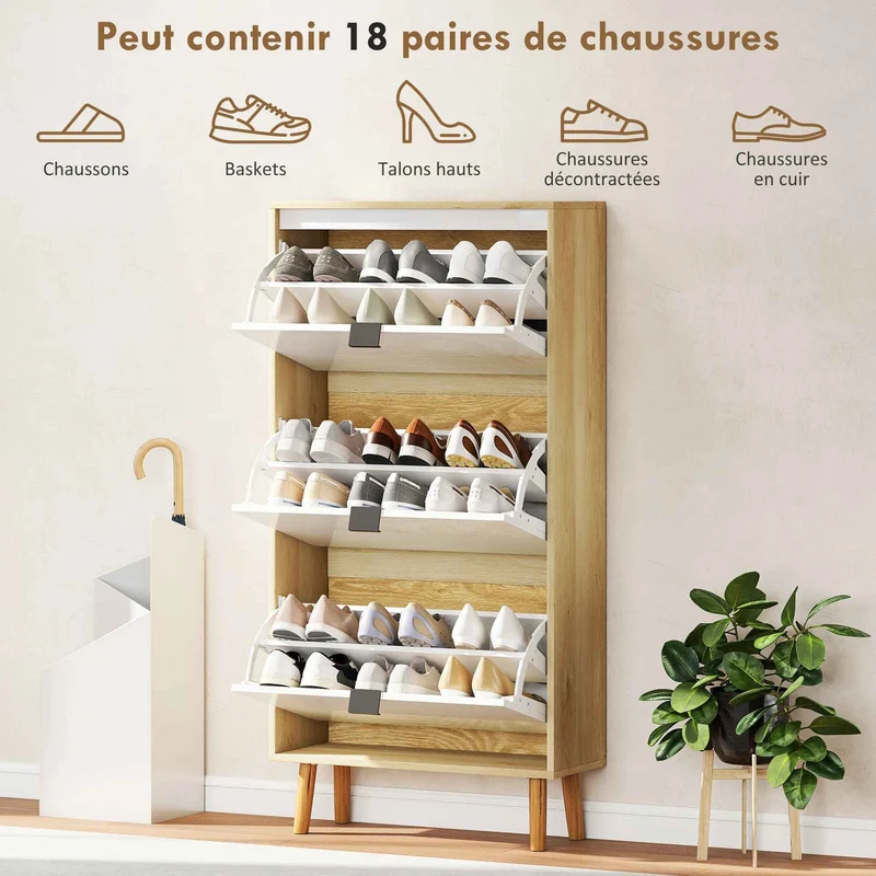 Meuble chaussure | Blanc Brillant 18 Paires