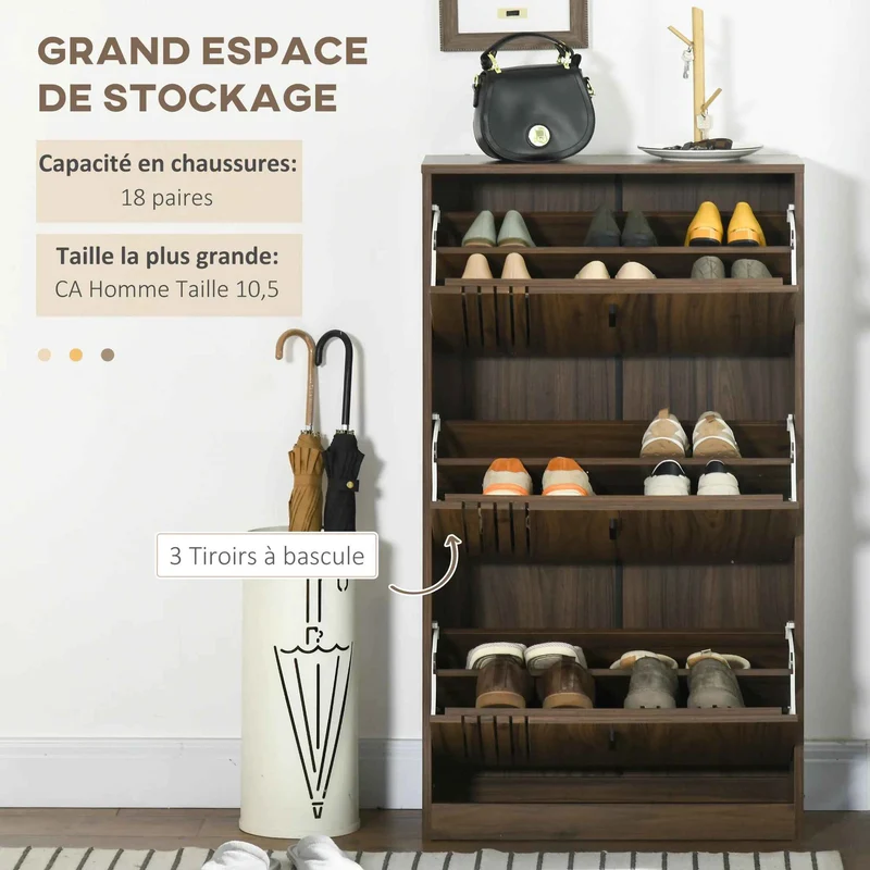 Meuble chaussure entrée | Compact Noyer 18 Paires