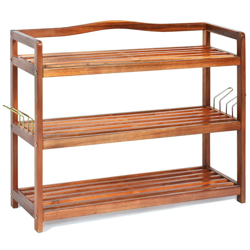 3-Tier Acacia Wood Shoe Rack, With Side Metal Hooks, Natural