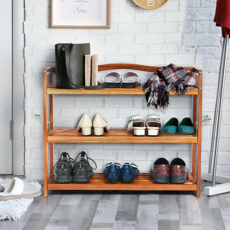 3-Tier Acacia Wood Shoe Rack, With Side Metal Hooks, Natural