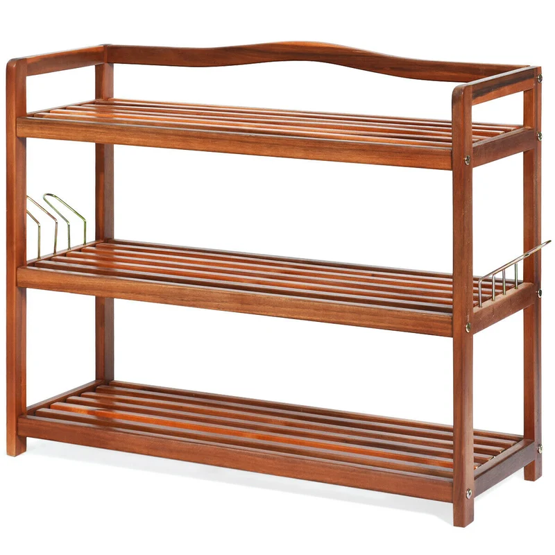 3-Tier Acacia Wood Shoe Rack, With Side Metal Hooks, Natural