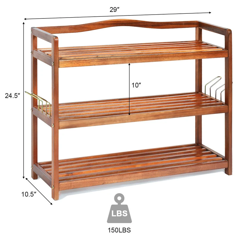 3-Tier Acacia Wood Shoe Rack, With Side Metal Hooks, Natural