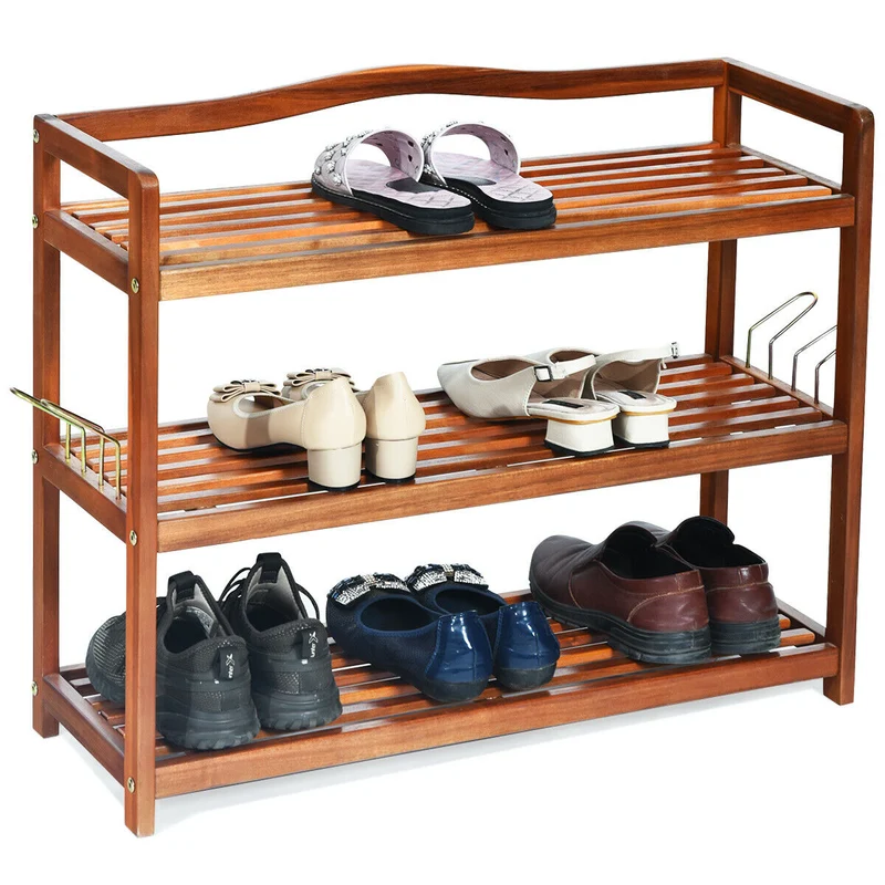 3-Tier Acacia Wood Shoe Rack, With Side Metal Hooks, Natural