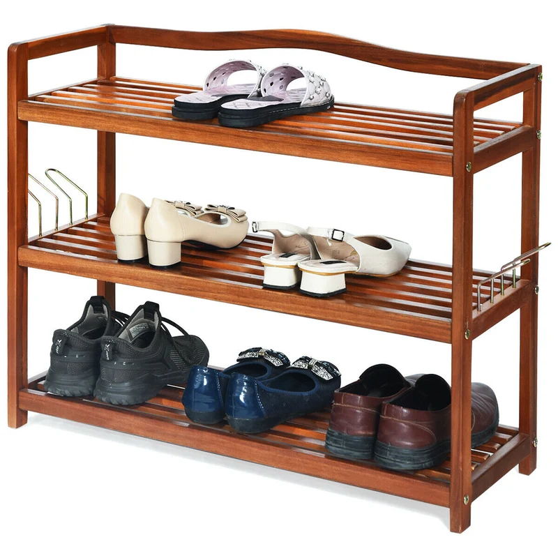 3-Tier Acacia Wood Shoe Rack, With Side Metal Hooks, Natural