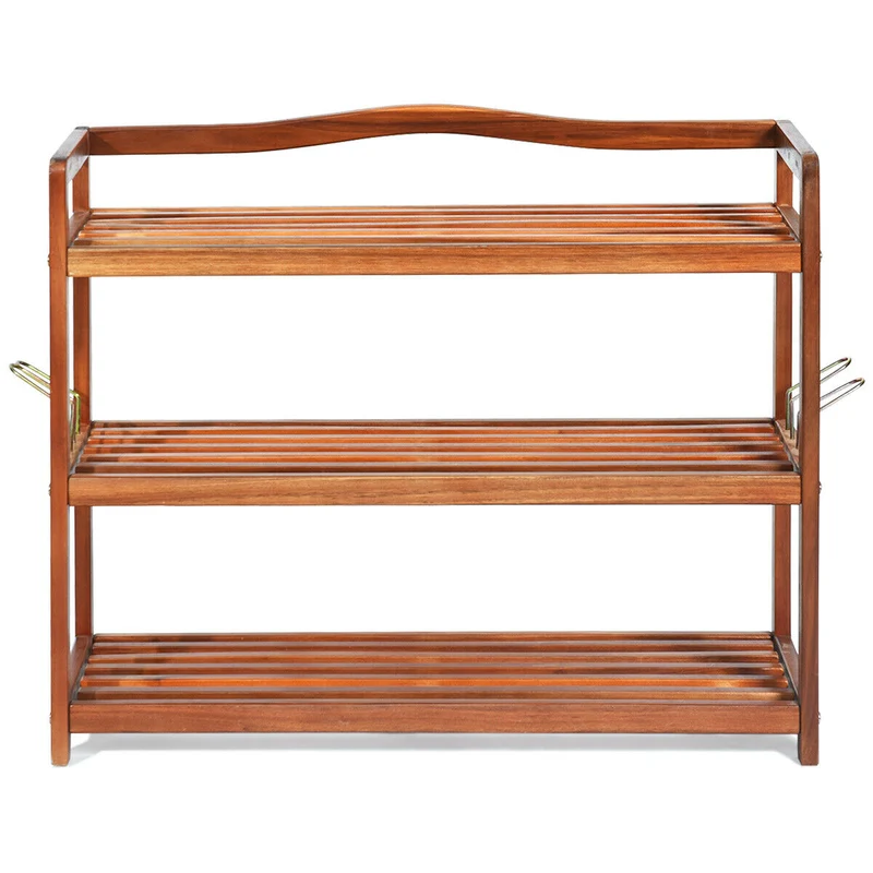 3-Tier Acacia Wood Shoe Rack, With Side Metal Hooks, Natural