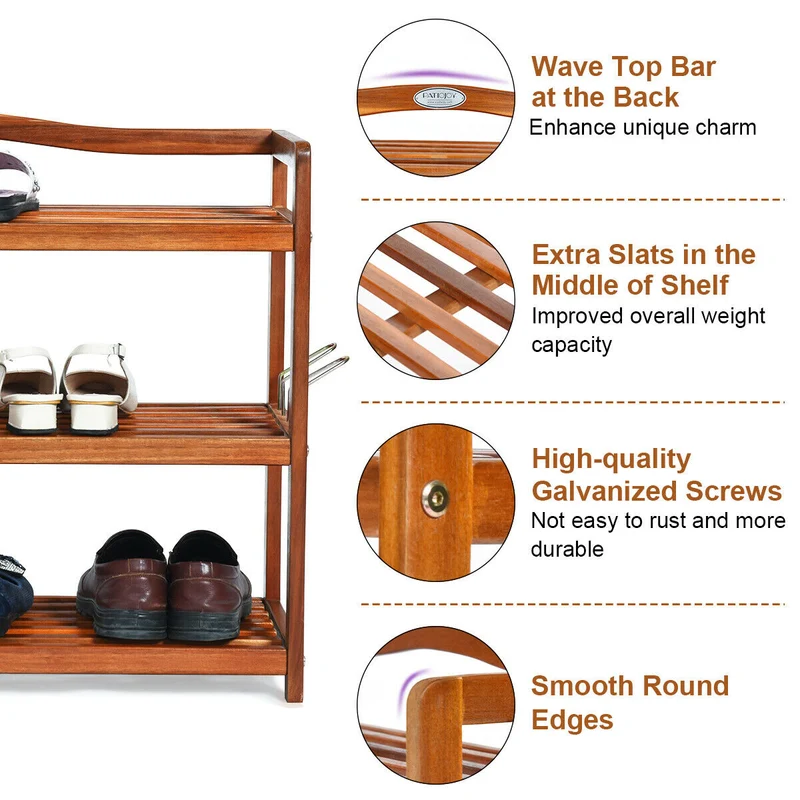 3-Tier Acacia Wood Shoe Rack, With Side Metal Hooks, Natural