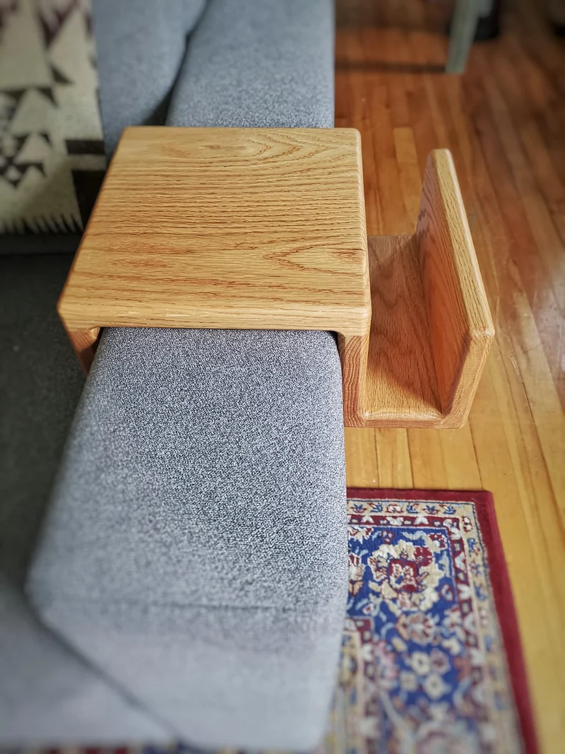 Couch Arm Rest Table with Magazine Stand - Red Oak version