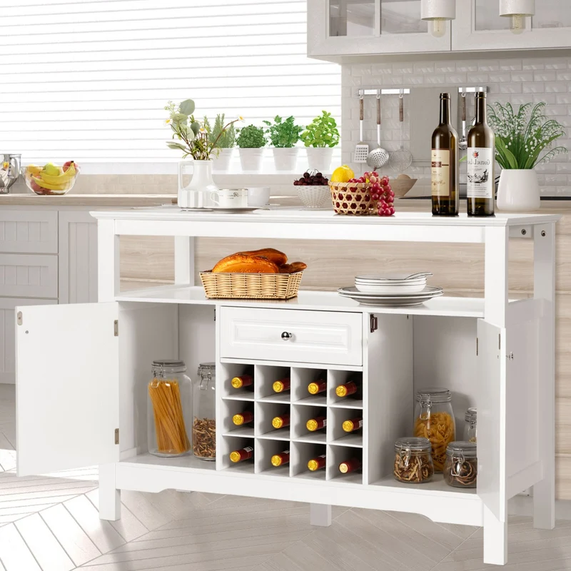 Costway - Buffet de Cuisine, Buffet Salon, Casier a Bouteille, Porte Bouteille Vin, 1 Tiroir et 2 Armoires Meuble Rangement, Blanc