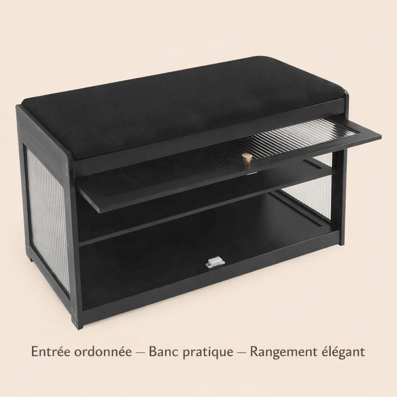 Banc de rangement | Bambou Naturel bois | Noir