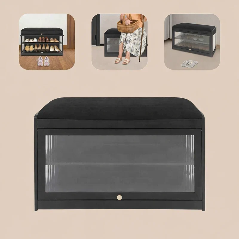 Banc de rangement | Bambou Naturel bois | Noir