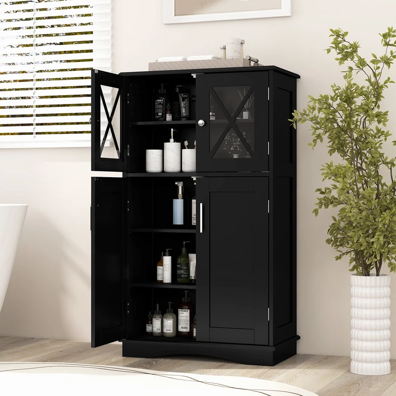 4 Door Freestanding Bathroom Floor Cabinet, Adjustable Shelves, Black