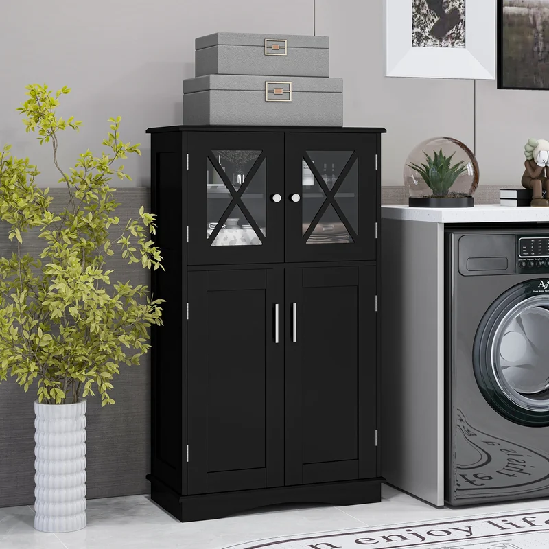 4 Door Freestanding Bathroom Floor Cabinet, Adjustable Shelves, Black