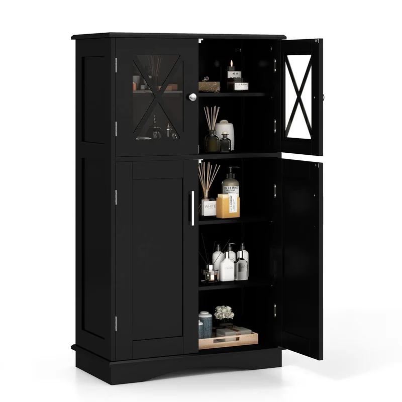 4 Door Freestanding Bathroom Floor Cabinet, Adjustable Shelves, Black