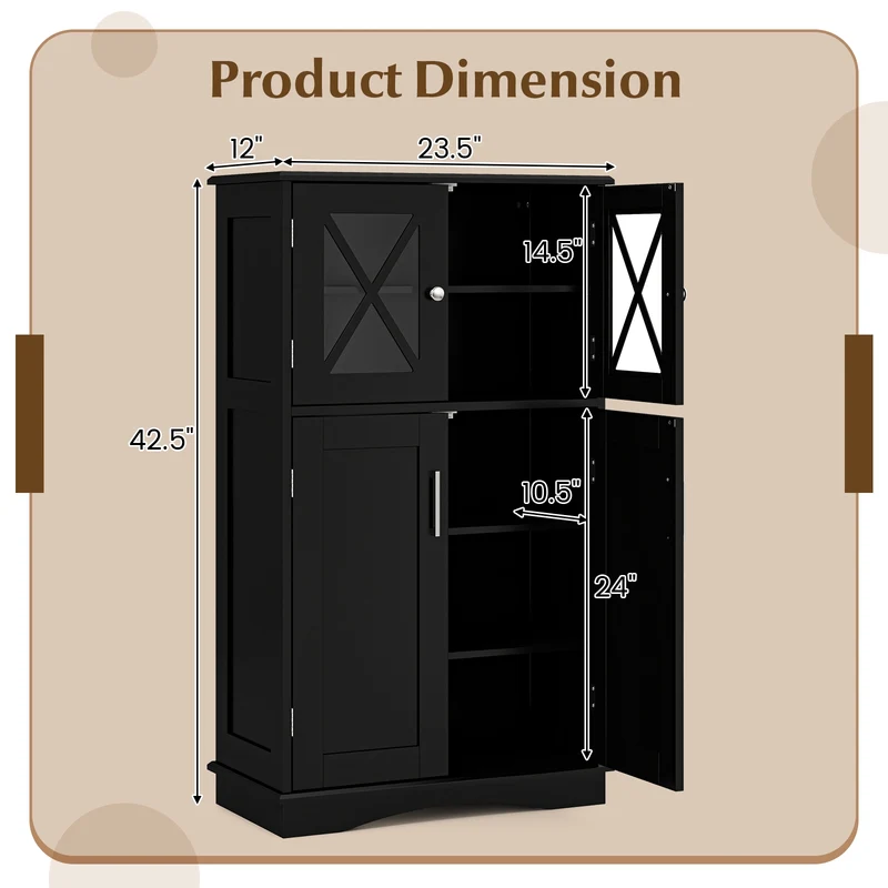 4 Door Freestanding Bathroom Floor Cabinet, Adjustable Shelves, Black
