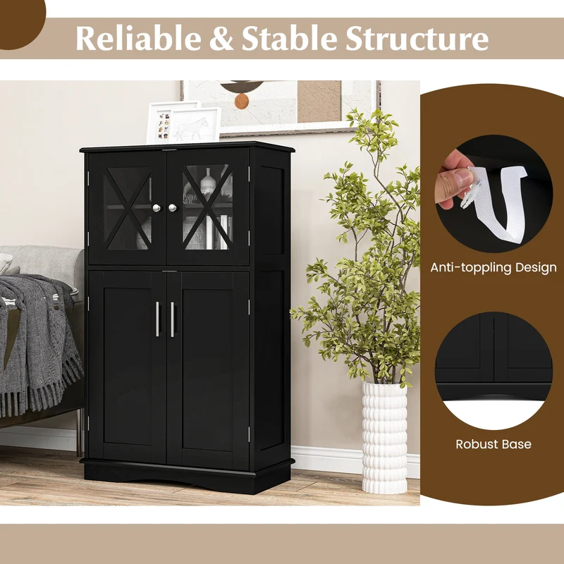 4 Door Freestanding Bathroom Floor Cabinet, Adjustable Shelves, Black