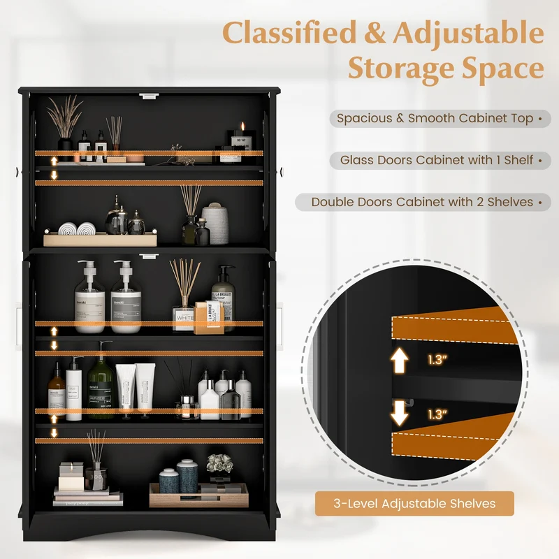 4 Door Freestanding Bathroom Floor Cabinet, Adjustable Shelves, Black