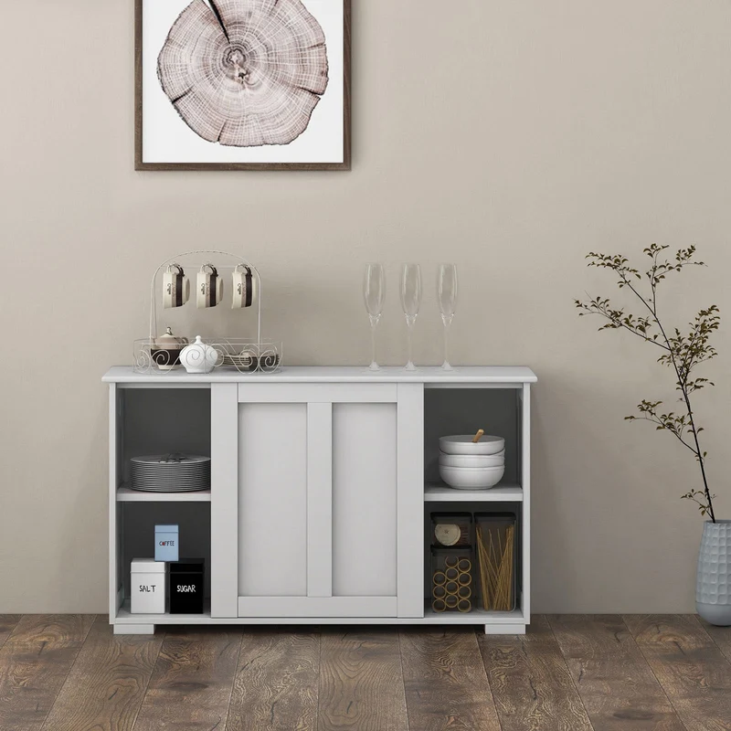 Kitchen Storage Cupboard Cabinet with Sliding Door-Antique White, White