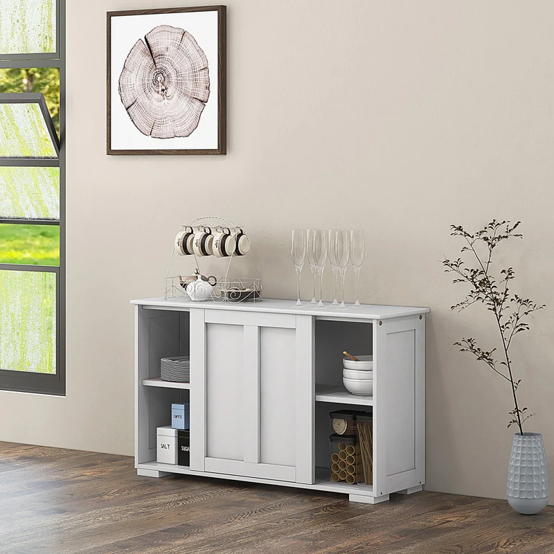 Kitchen Storage Cupboard Cabinet with Sliding Door-Antique White, White