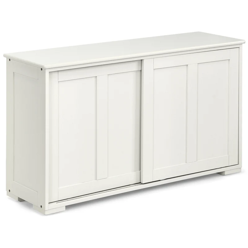 Kitchen Storage Cupboard Cabinet with Sliding Door-Antique White, White