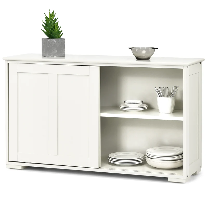 Kitchen Storage Cupboard Cabinet with Sliding Door-Antique White, White