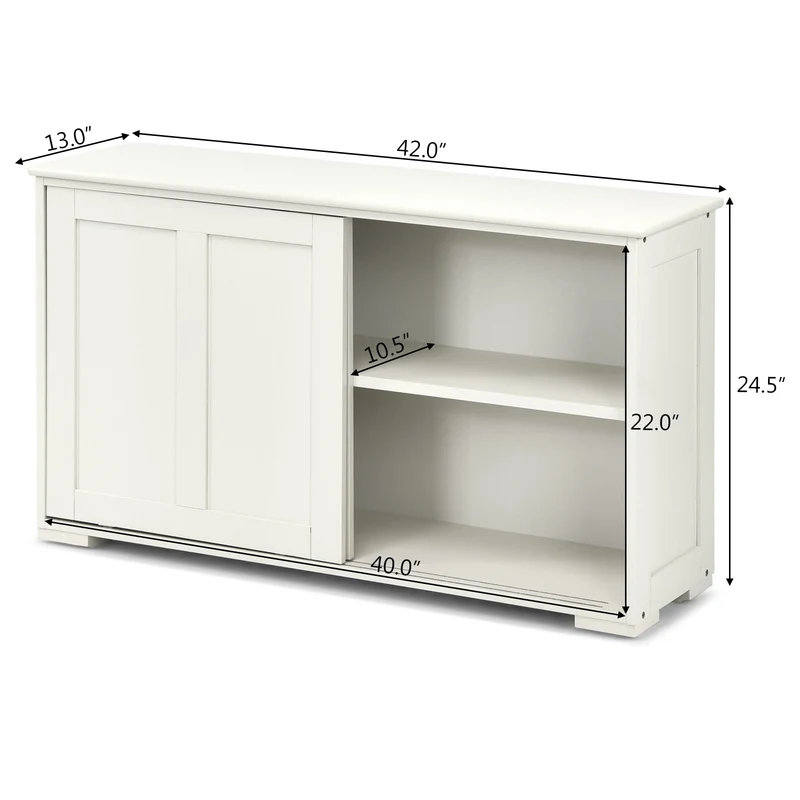 Kitchen Storage Cupboard Cabinet with Sliding Door-Antique White, White