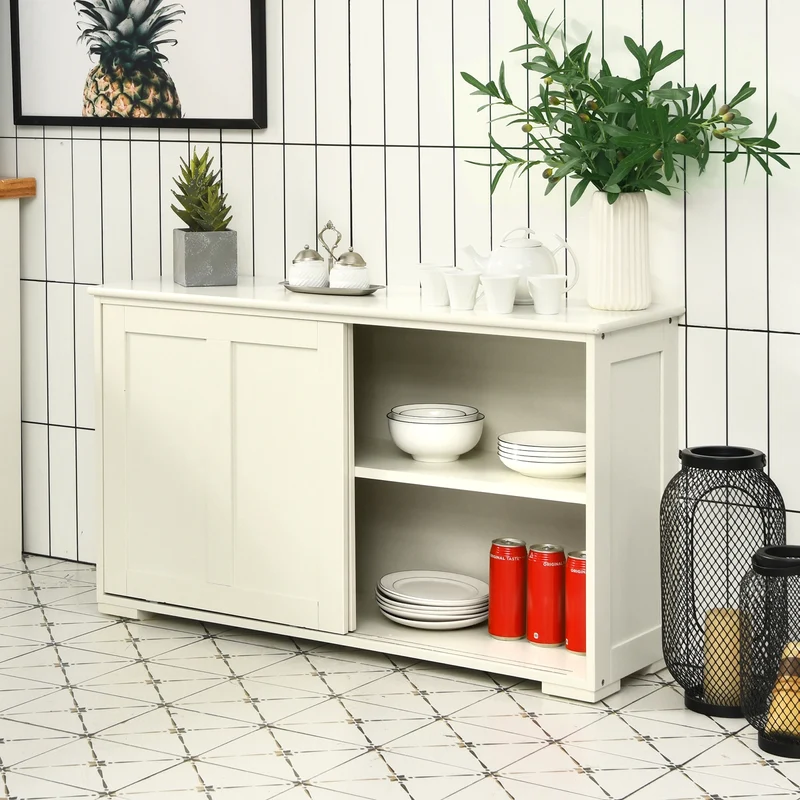 Kitchen Storage Cupboard Cabinet with Sliding Door-Antique White, White