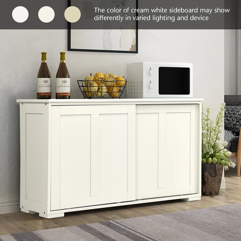 Kitchen Storage Cupboard Cabinet with Sliding Door-Antique White, White