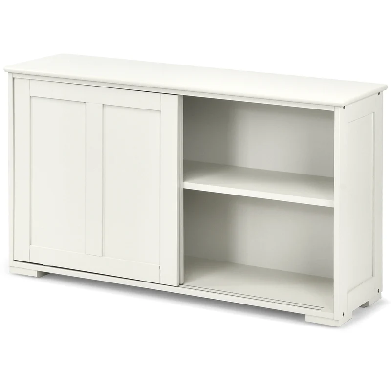 Kitchen Storage Cupboard Cabinet with Sliding Door-Antique White, White