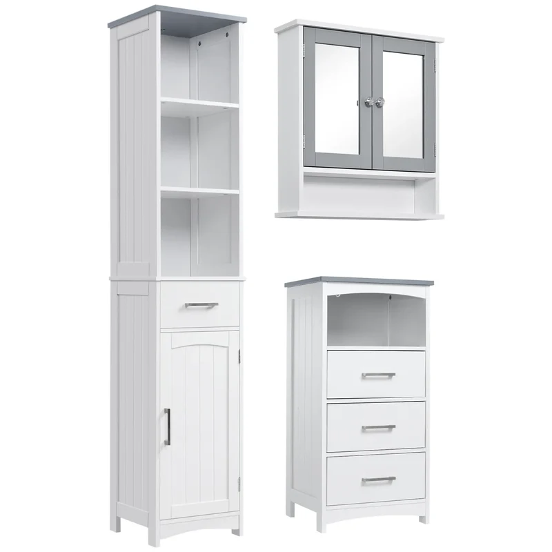 3-Piece Bathroom Set, Tall and Small Cabinets, Wall Mount Mirror, White