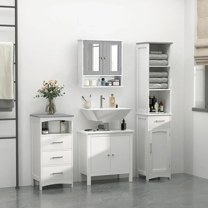 3-Piece Bathroom Set, Tall and Small Cabinets, Wall Mount Mirror, White