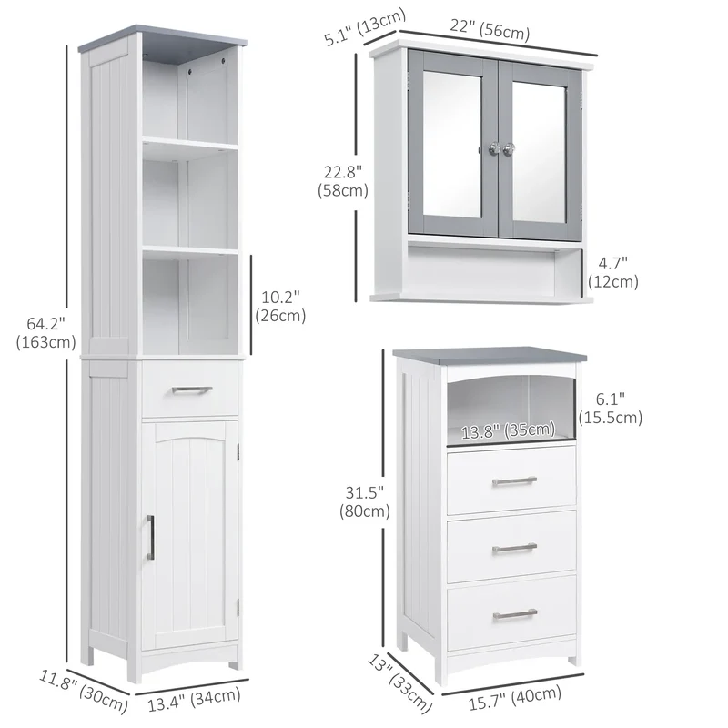3-Piece Bathroom Set, Tall and Small Cabinets, Wall Mount Mirror, White