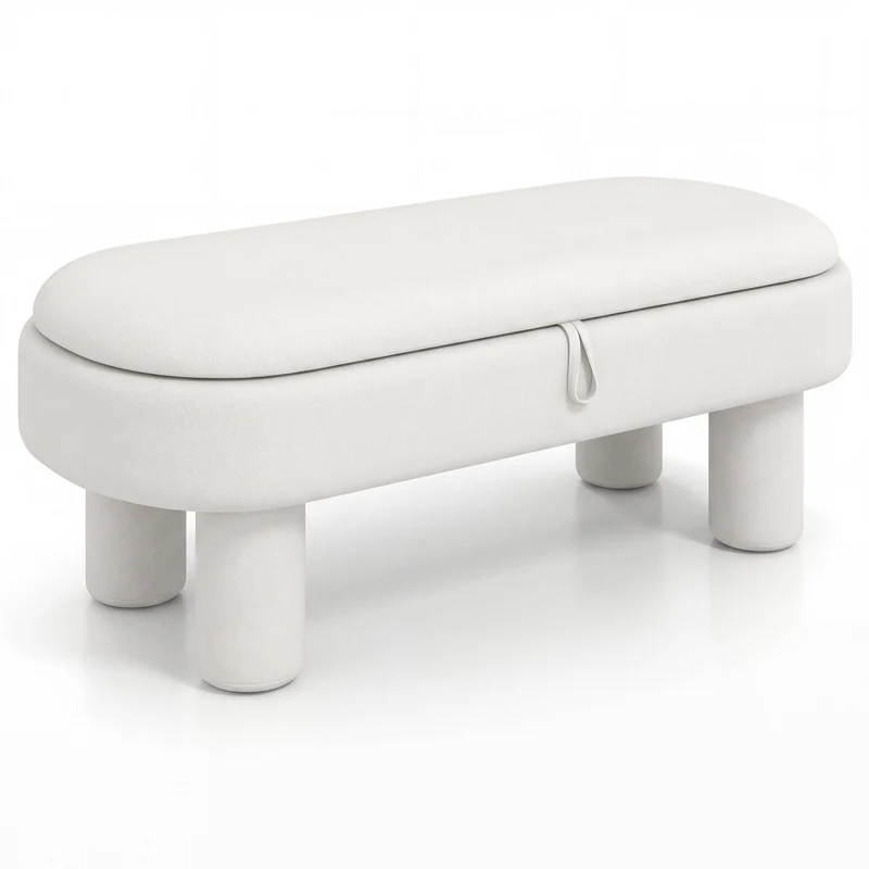 Oval Storage Ottoman Bench, Upholstered Seat, White