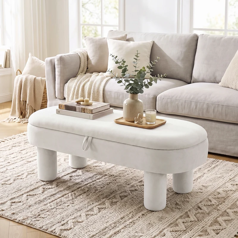 Oval Storage Ottoman Bench, Upholstered Seat, White