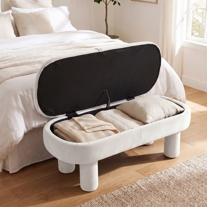 Oval Storage Ottoman Bench, Upholstered Seat, White