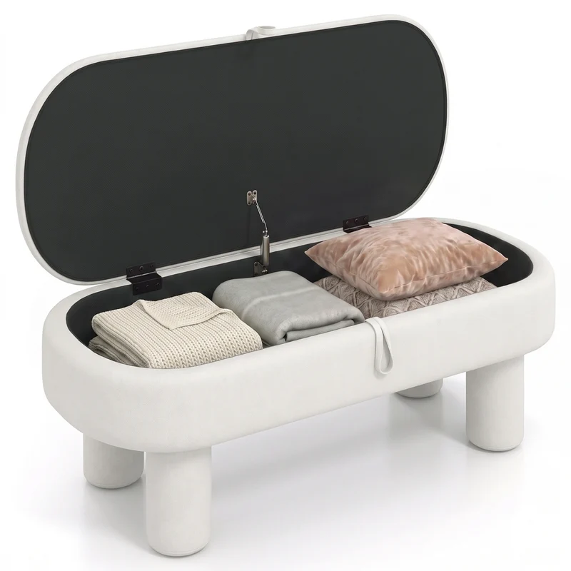 Oval Storage Ottoman Bench, Upholstered Seat, White