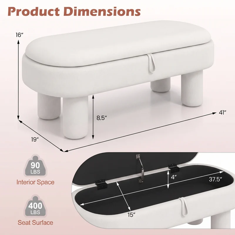 Oval Storage Ottoman Bench, Upholstered Seat, White