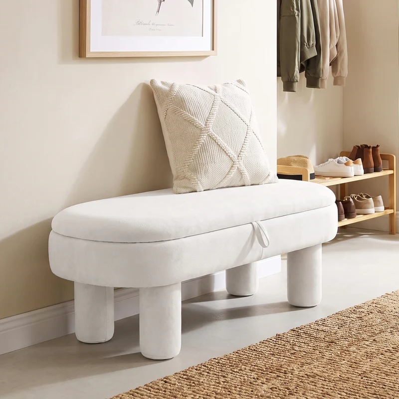 Oval Storage Ottoman Bench, Upholstered Seat, White