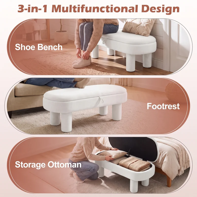 Oval Storage Ottoman Bench, Upholstered Seat, White