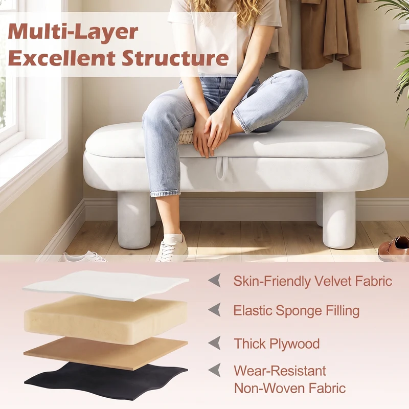 Oval Storage Ottoman Bench, Upholstered Seat, White