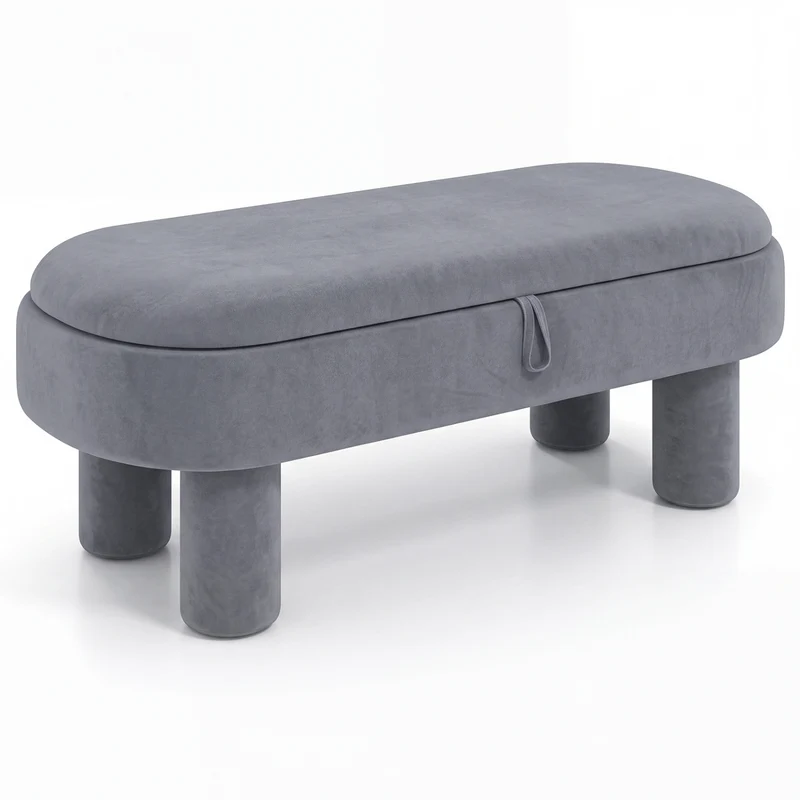 Oval Storage Ottoman Bench, Upholstered Seat, Gray