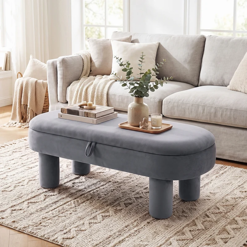 Oval Storage Ottoman Bench, Upholstered Seat, Gray