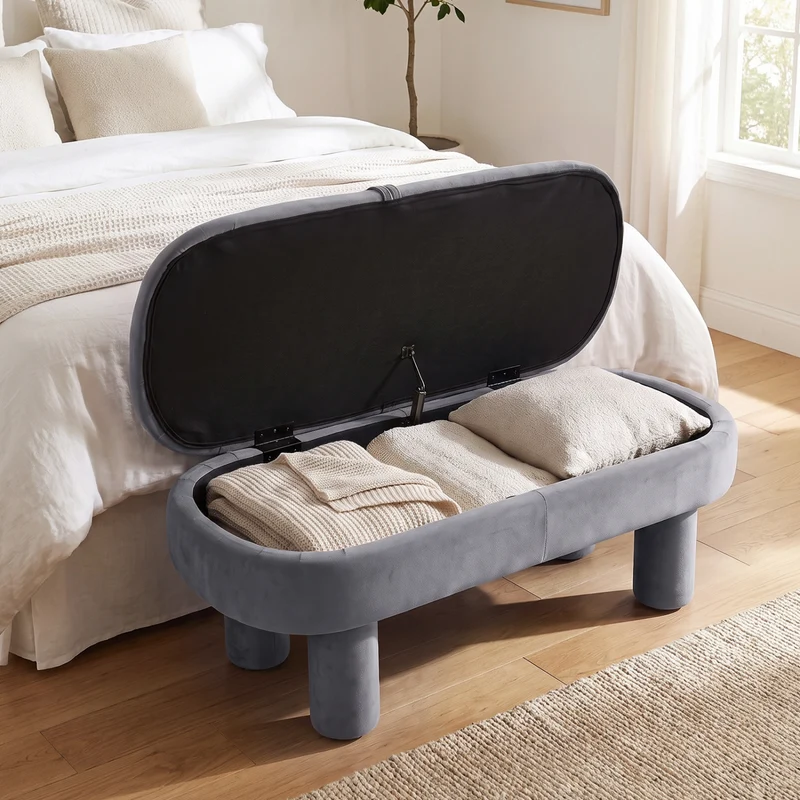 Oval Storage Ottoman Bench, Upholstered Seat, Gray