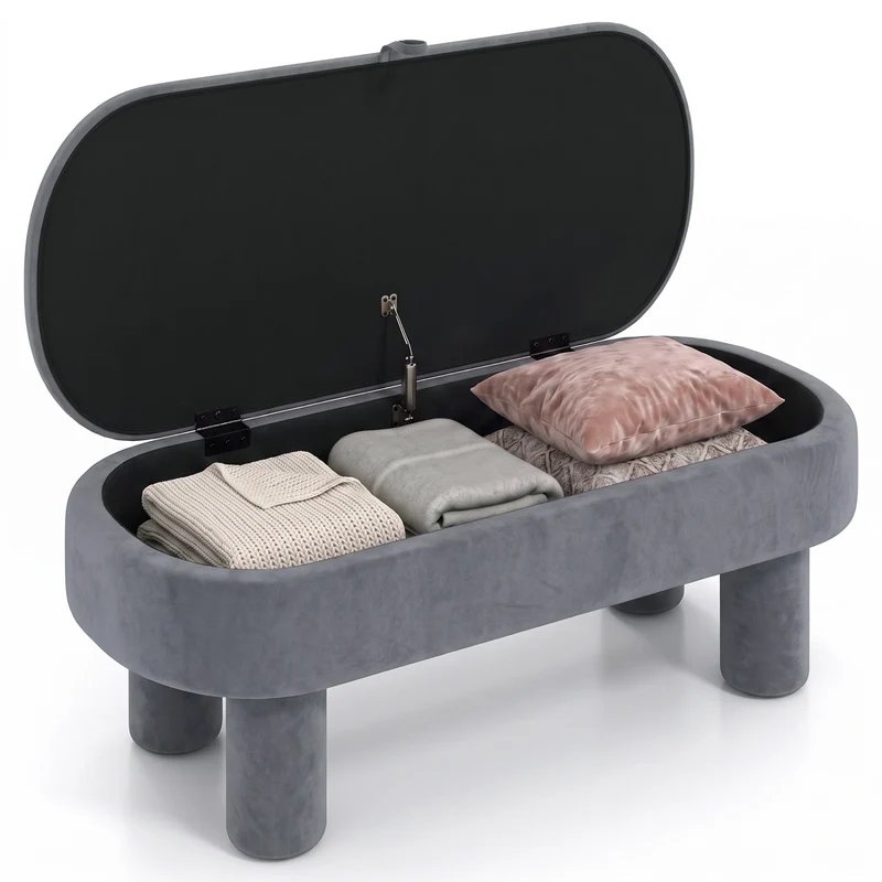 Oval Storage Ottoman Bench, Upholstered Seat, Gray